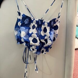 Blue and white floral print crop top with tie back detail